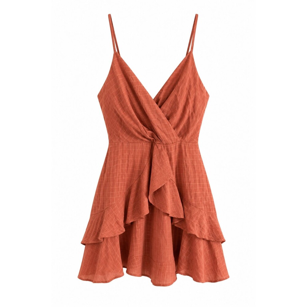 Trixxi Womens Coral Plaid Ruffle Wrap Romper Size L Spaghetti Strap V Neck Lined